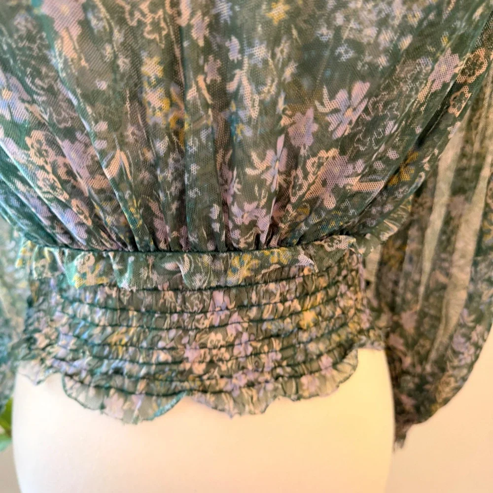 Free People Floral Mesh Crop Top Womens XS Green Boho Smocked Ruffle Blouse